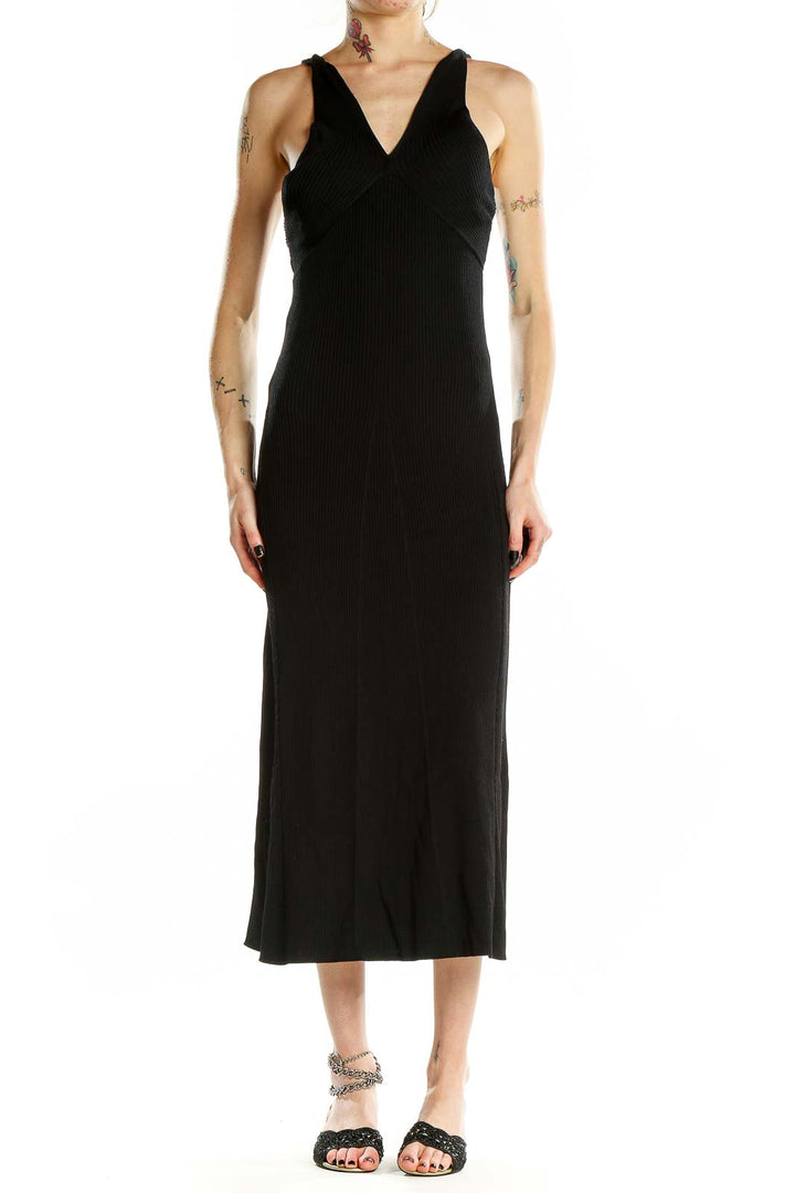 Front view of Line & Dot black V-neck midi dress