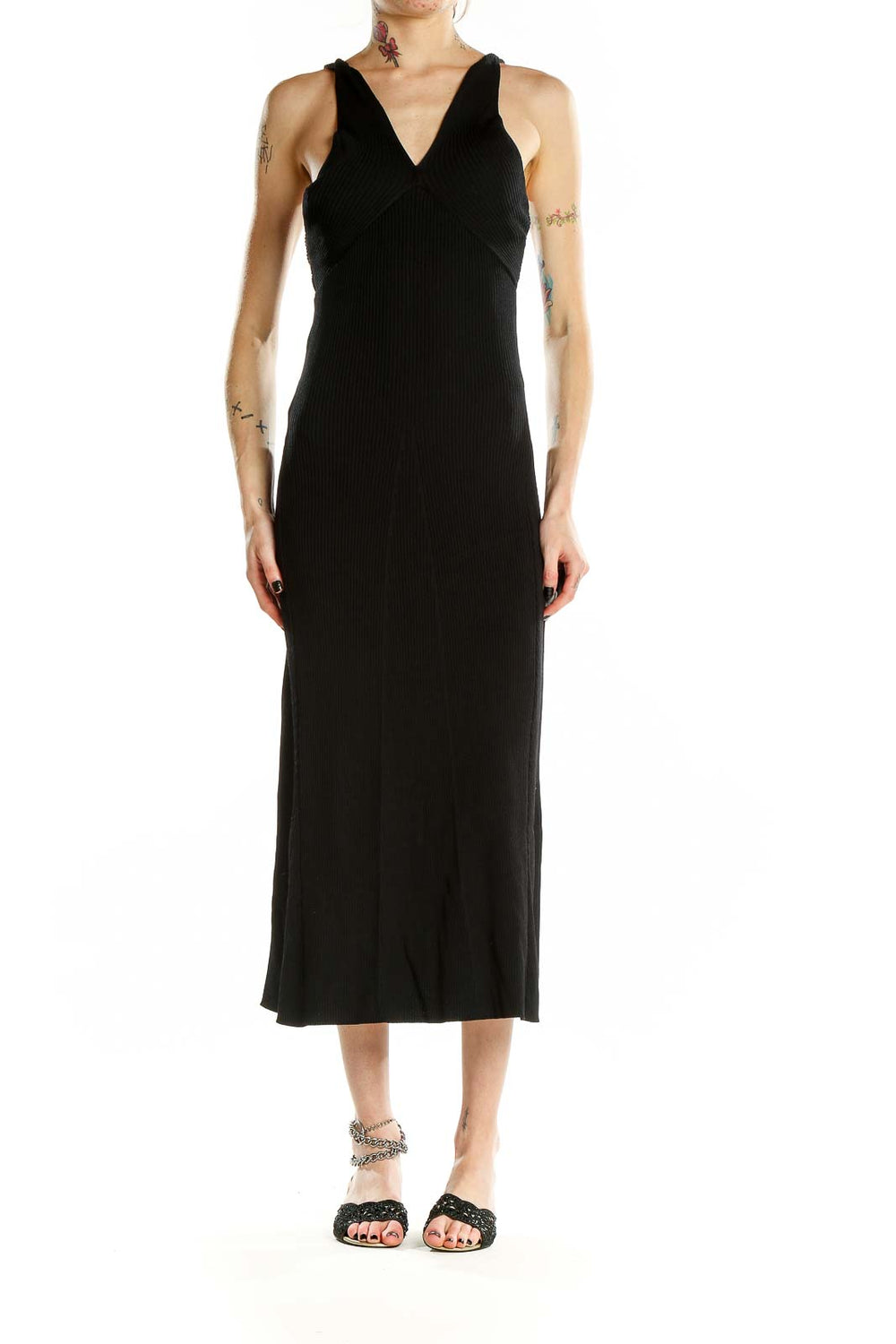 Front view of Line & Dot black V-neck midi dress