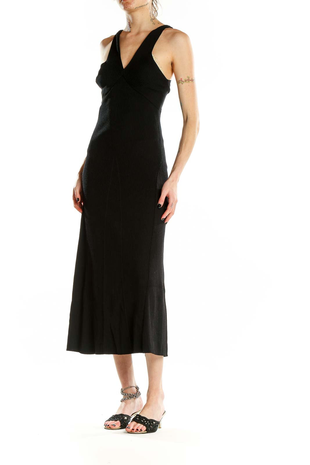 Front view of Line & Dot black V-neck midi dress