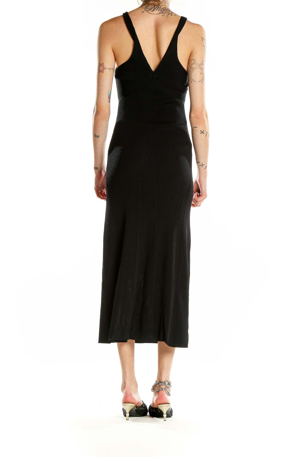 Back view of Line & Dot black V-neck midi dress