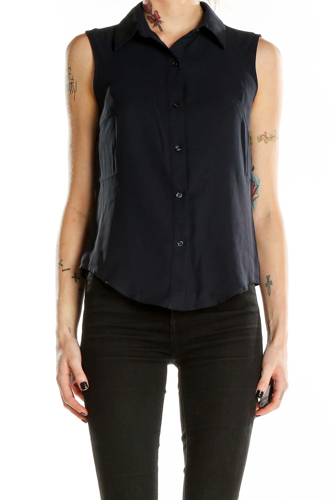 Front view of Nine West black sleeveless button-up blouse