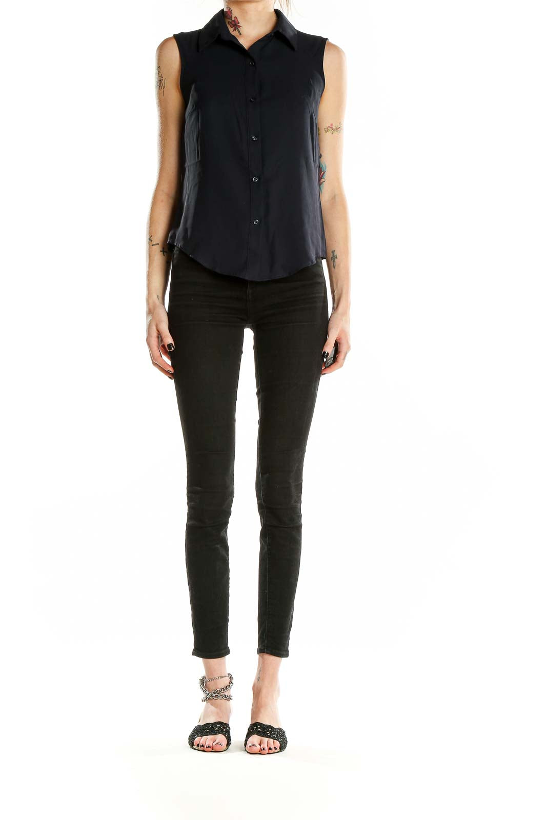 Front view of Nine West black sleeveless button-up blouse