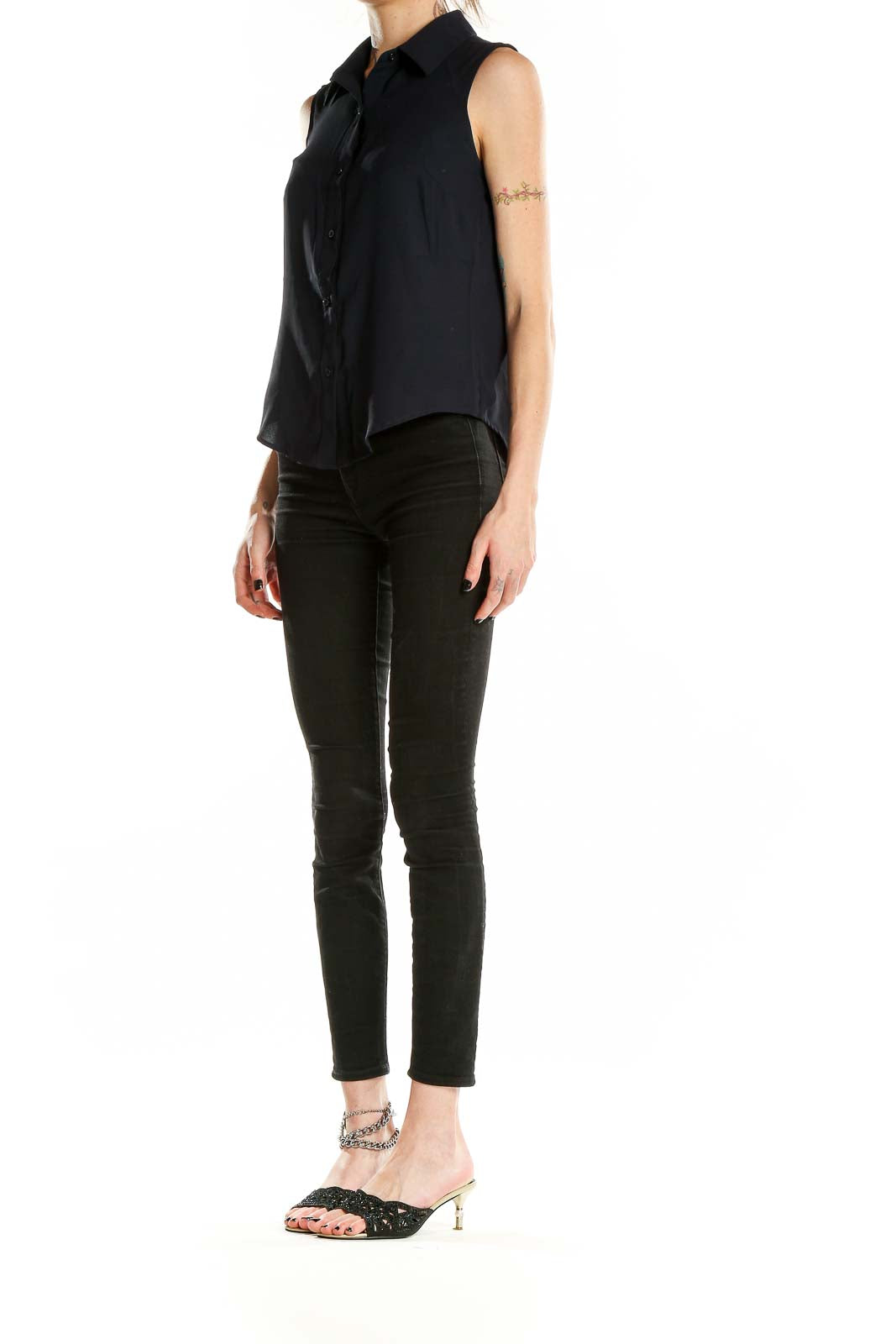 Front view of Nine West black sleeveless button-up blouse