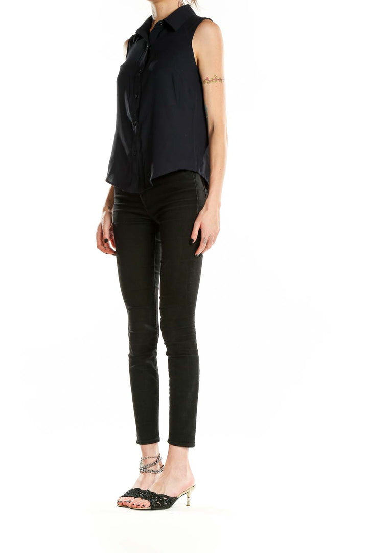 Front view of Nine West black sleeveless button-up blouse