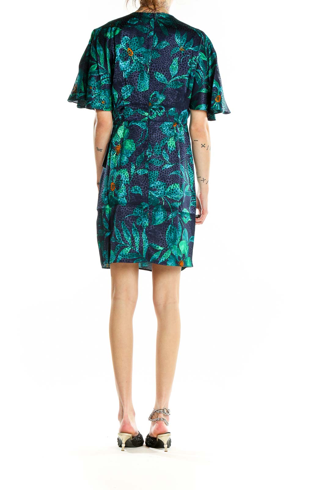 Back view of London Times green floral wrap dress showing all-over print