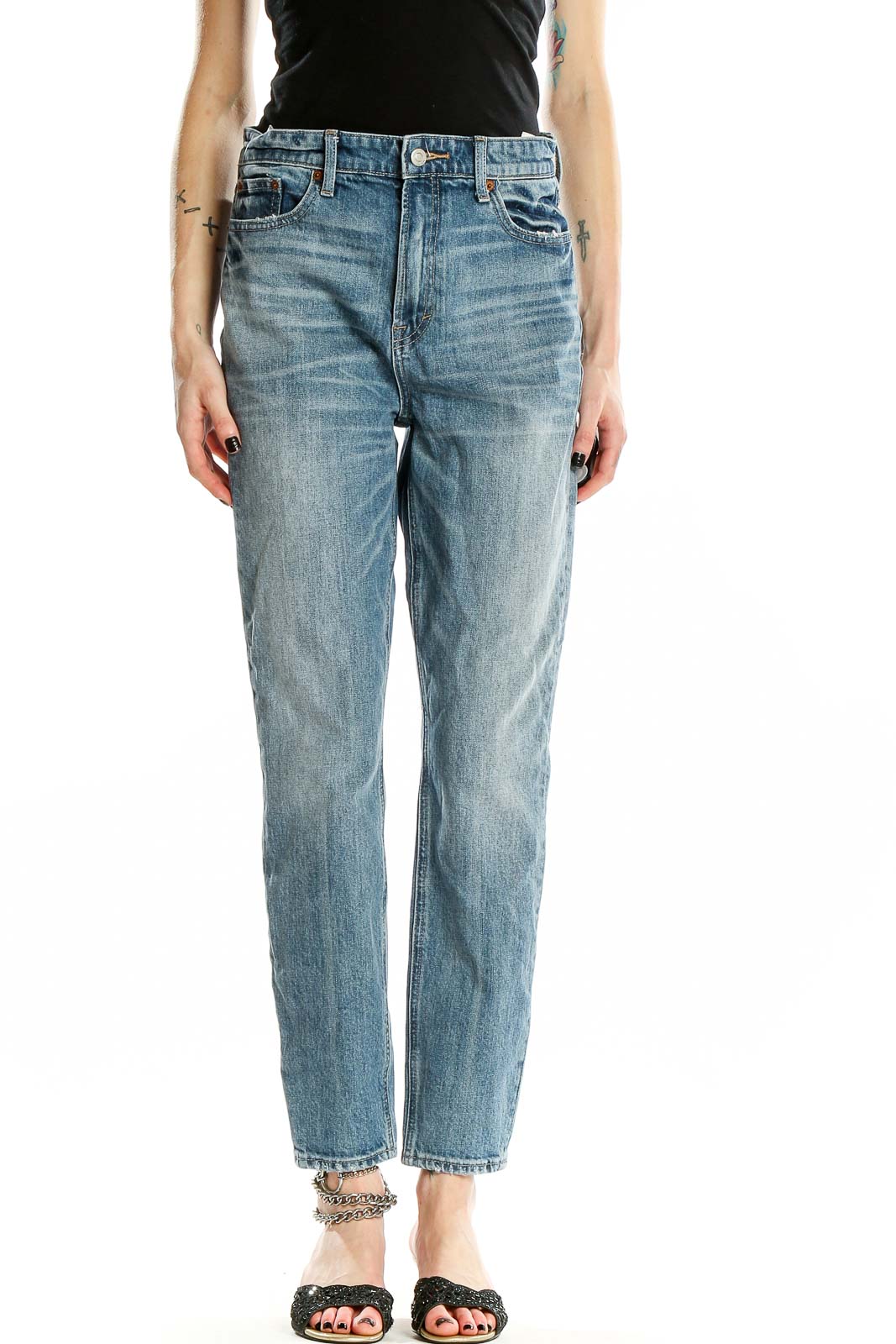 Front view of Lucky Brand light blue relaxed fit denim jeans