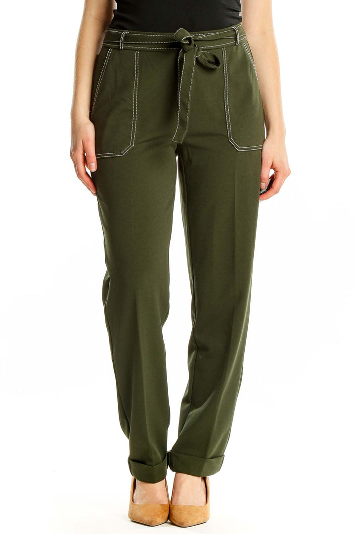 Front view of NYCC olive green straight-leg pants with self-tie belt