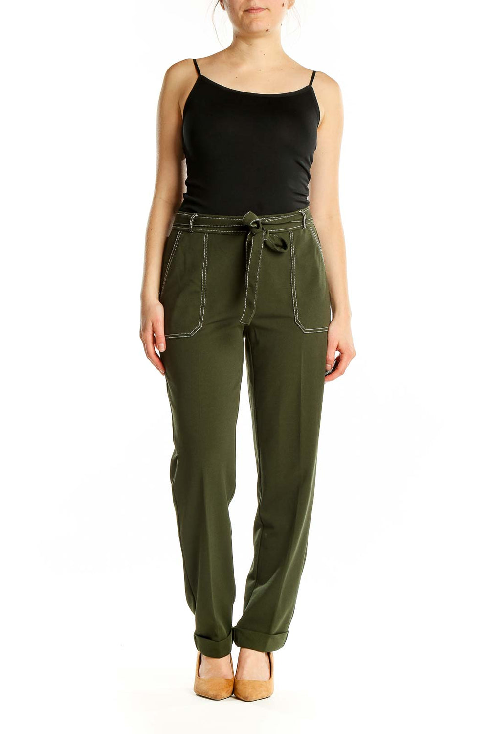 Front view of NYCC olive green straight-leg pants with self-tie belt