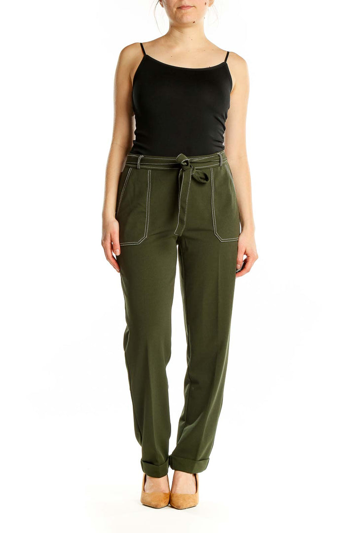 Front view of NYCC olive green straight-leg pants with self-tie belt