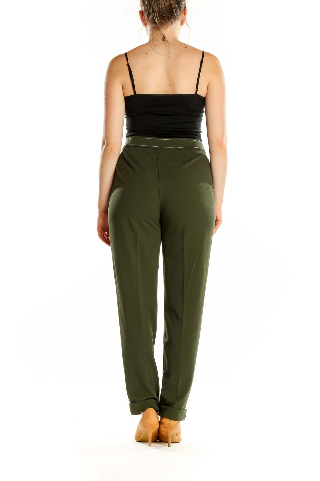 Back view of NYCC olive green straight-leg pants on model