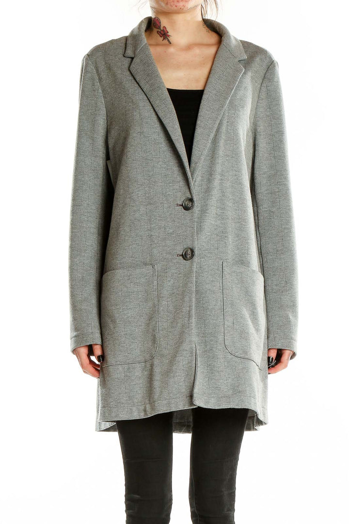 Front view of gray LOFT long blazer jacket on model