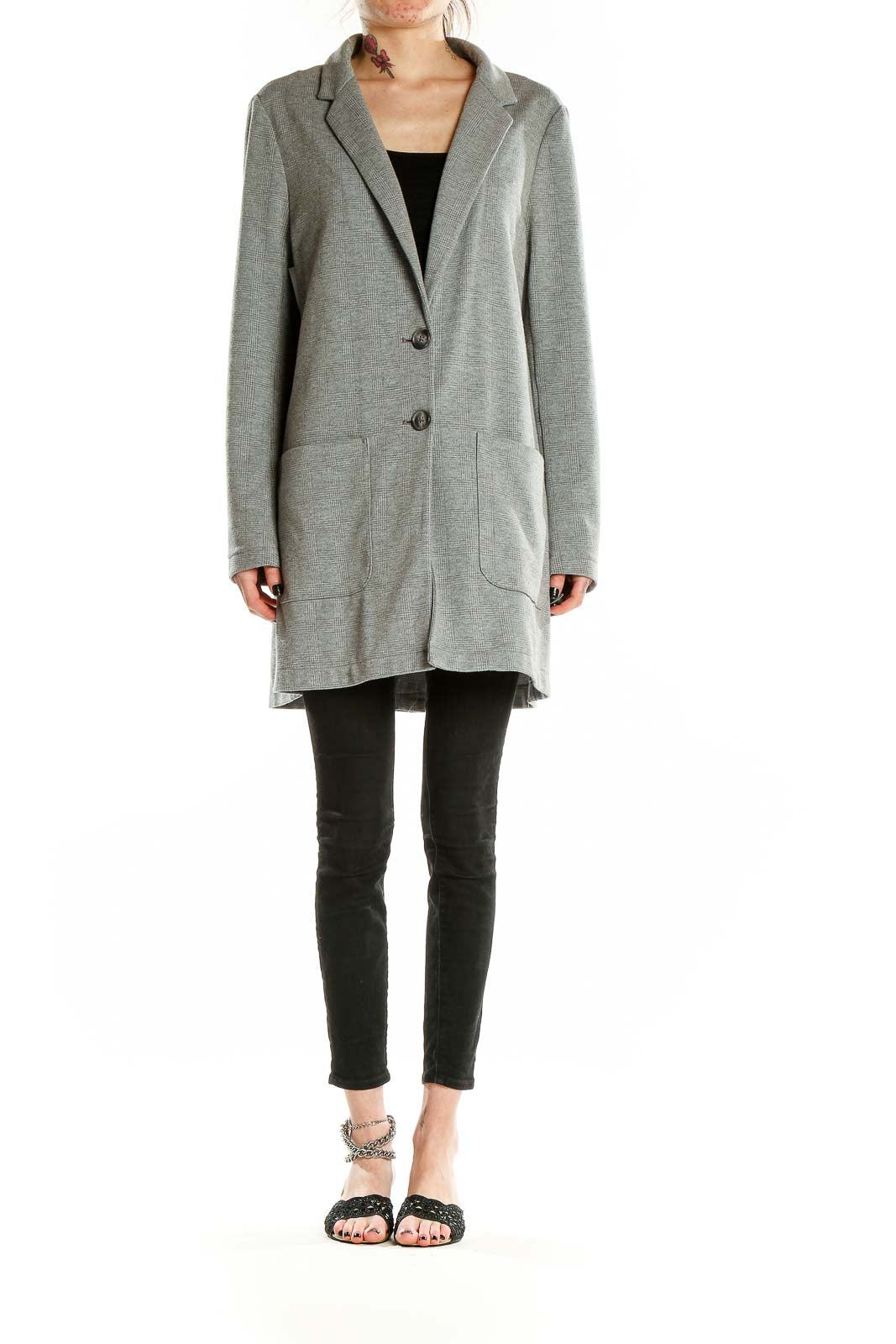 Front view of gray LOFT long blazer jacket on model