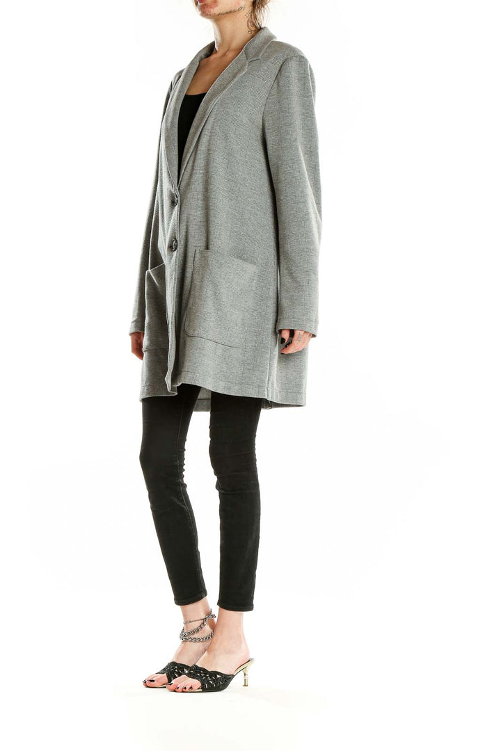 Front view of gray LOFT long blazer jacket on model