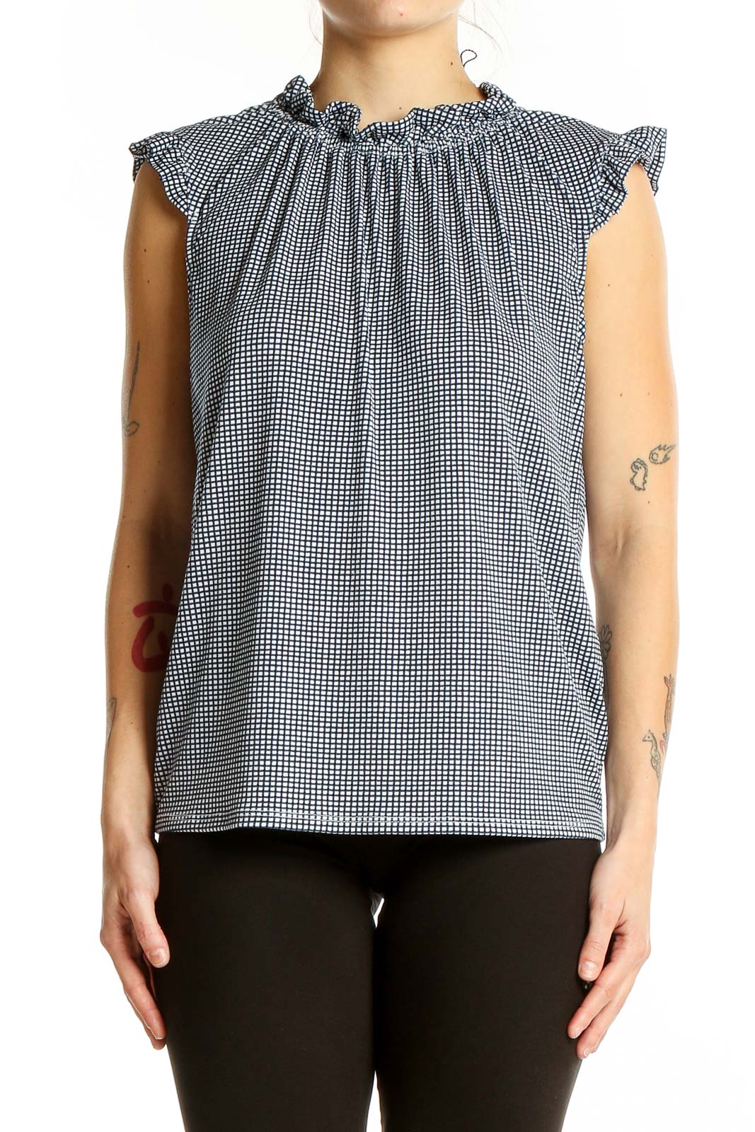 Front view of Adrianna Papell Black and White Gingham Ruffle Sleeve Top