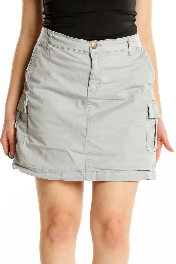 Front view of Lee light gray denim cargo mini skirt with pockets