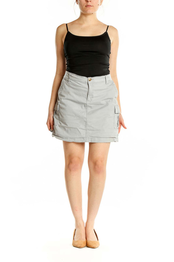 Front view of Lee light gray denim cargo mini skirt with pockets