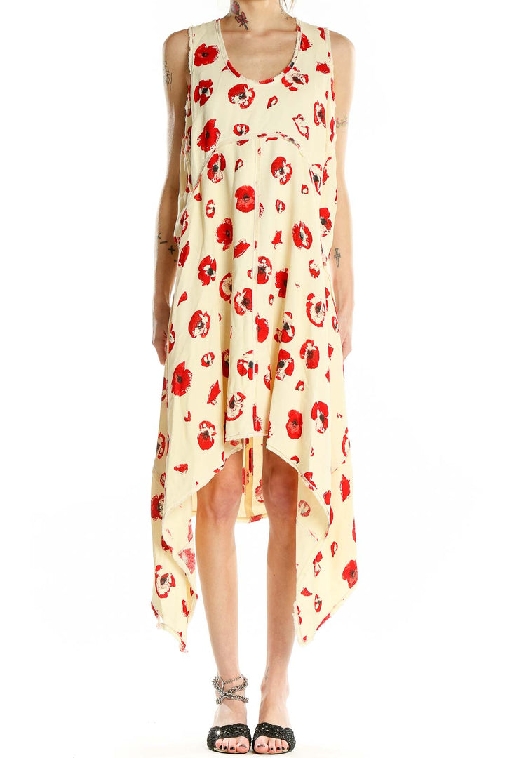 Front view of Proenza Schouler cream sleeveless dress with red floral print and high-low hemline