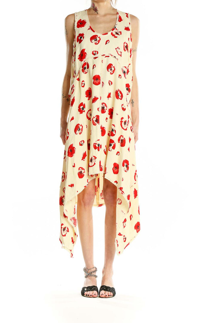 Front view of Proenza Schouler cream sleeveless dress with red floral print and high-low hemline