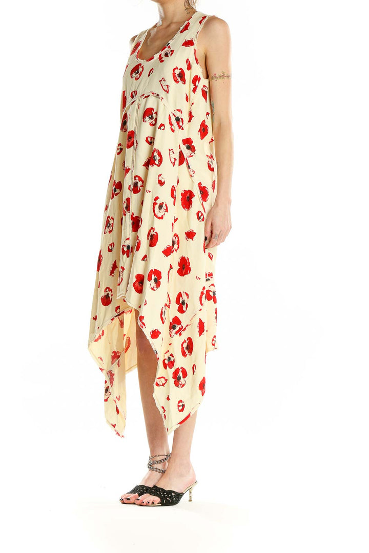 Front view of Proenza Schouler cream sleeveless dress with red floral print and high-low hemline