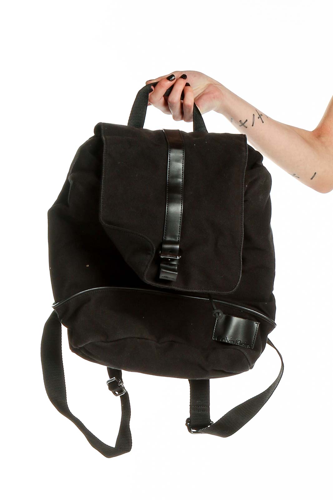 Front view of Calvin Klein black cotton backpack with leather trim