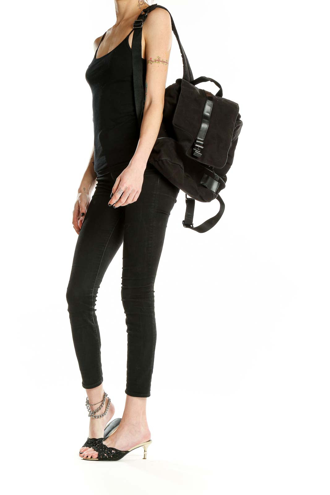 Front view of Calvin Klein black cotton backpack with leather trim