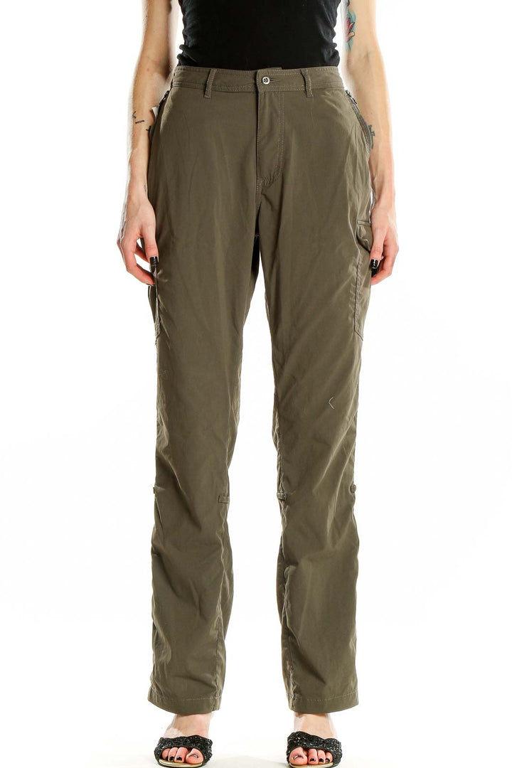 Front view of olive green Clothingarts cargo pants with multiple pockets