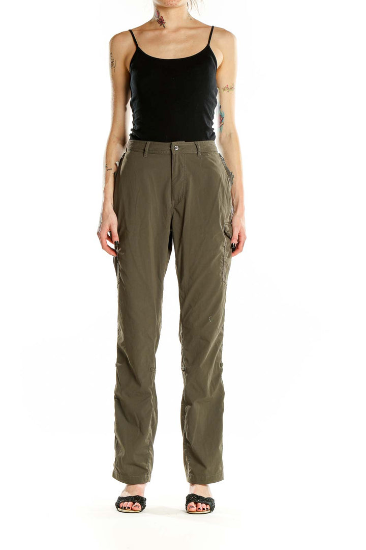 Front view of olive green Clothingarts cargo pants with multiple pockets