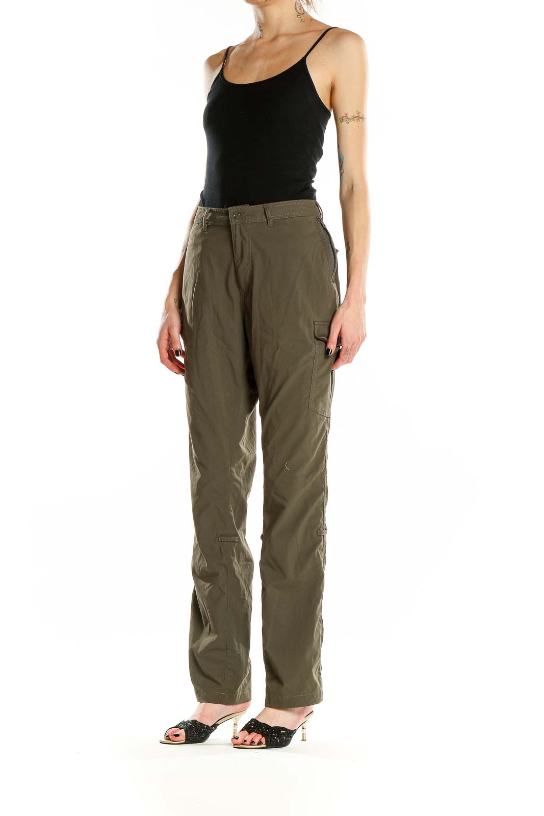 Front view of olive green Clothingarts cargo pants with multiple pockets