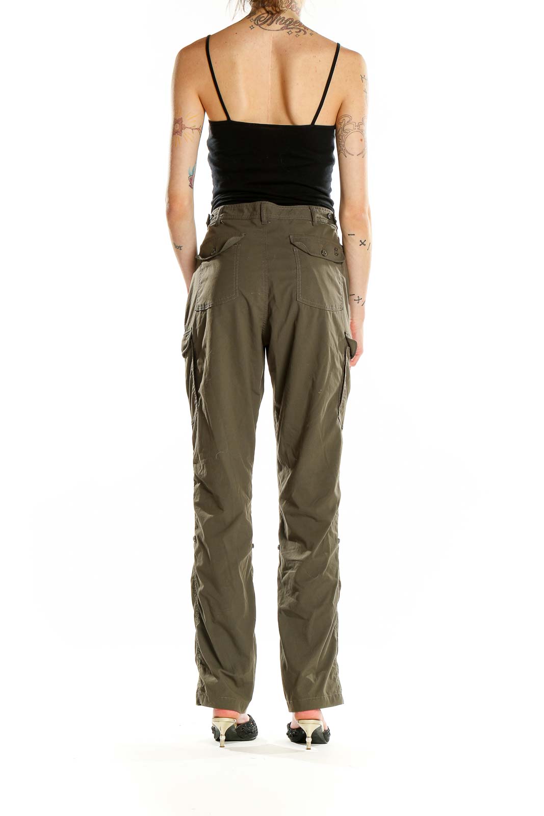 Back view of olive green Clothingarts cargo pants showing rear pockets and fit