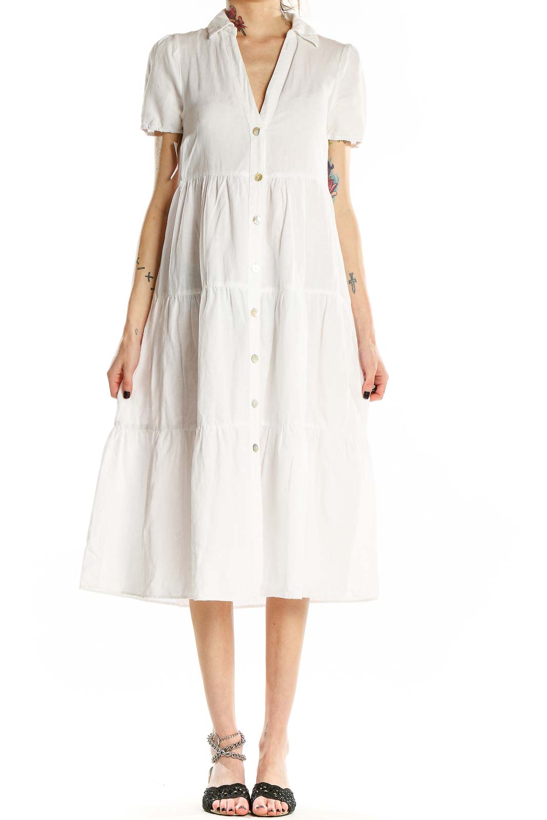 Front view of Zara white tiered cotton-linen midi dress with button-front and puff sleeves