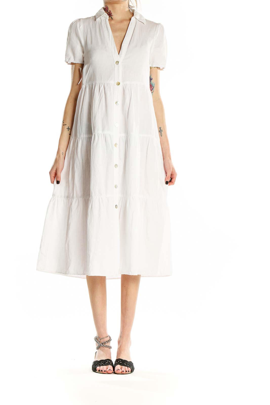 Front view of Zara white tiered cotton-linen midi dress with button-front and puff sleeves