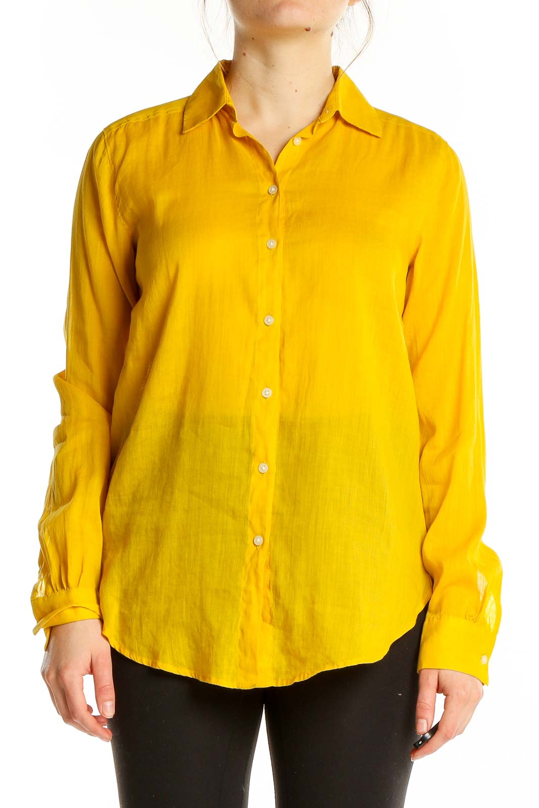 Front view of LOFT yellow button-down shirt with long sleeves