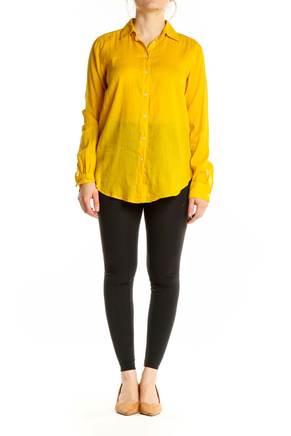 Front view of LOFT yellow button-down shirt with long sleeves