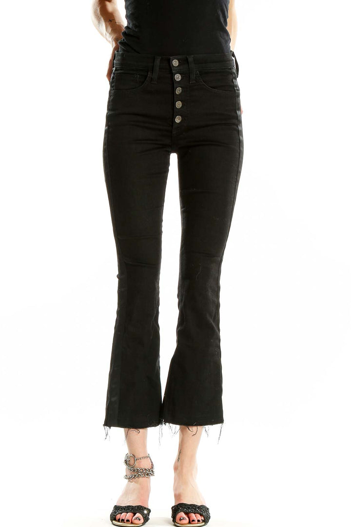 Front view of Veronica Beard black high-waisted cropped flare jeans