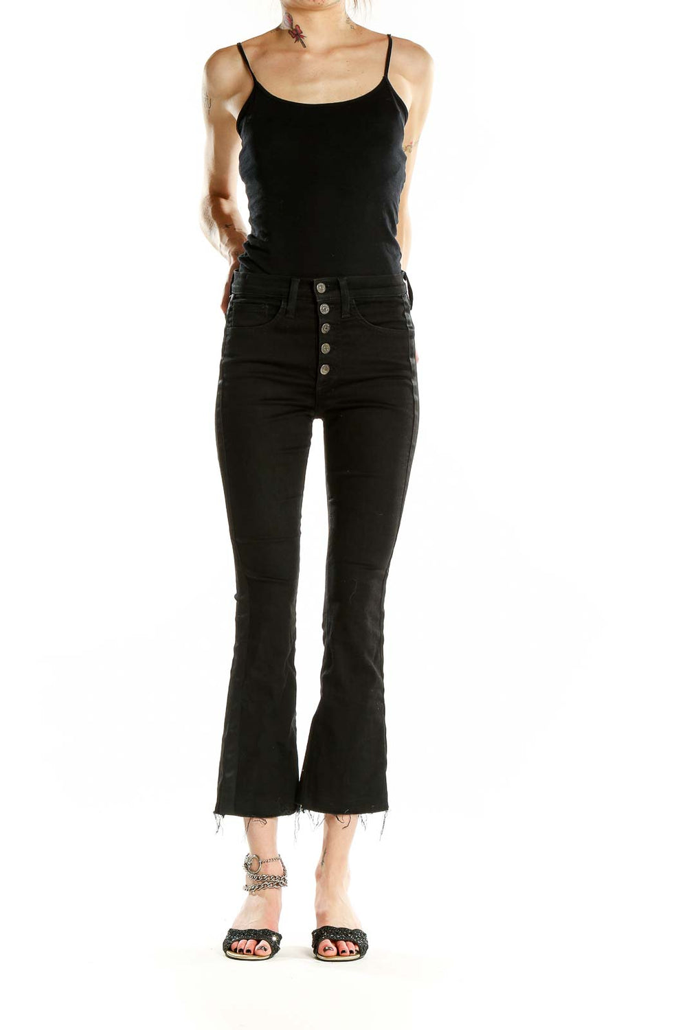 Front view of Veronica Beard black high-waisted cropped flare jeans