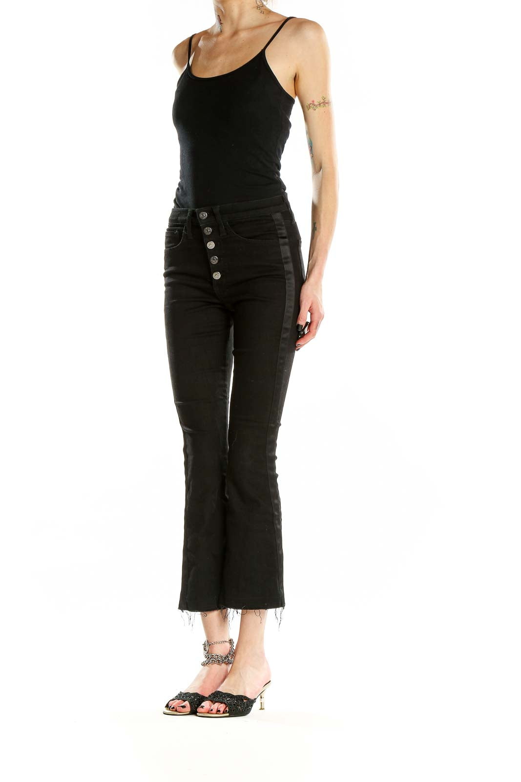 Front view of Veronica Beard black high-waisted cropped flare jeans