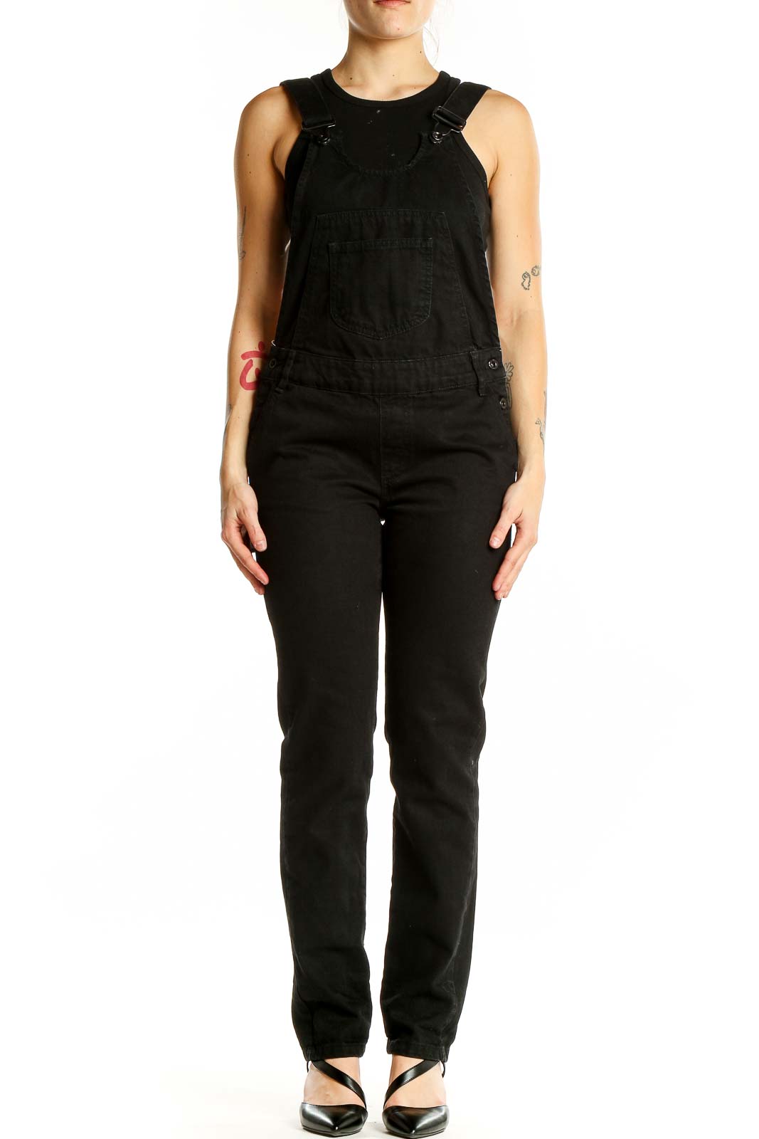 Front view of black cotton sleeveless jumpsuit from Zara Basic