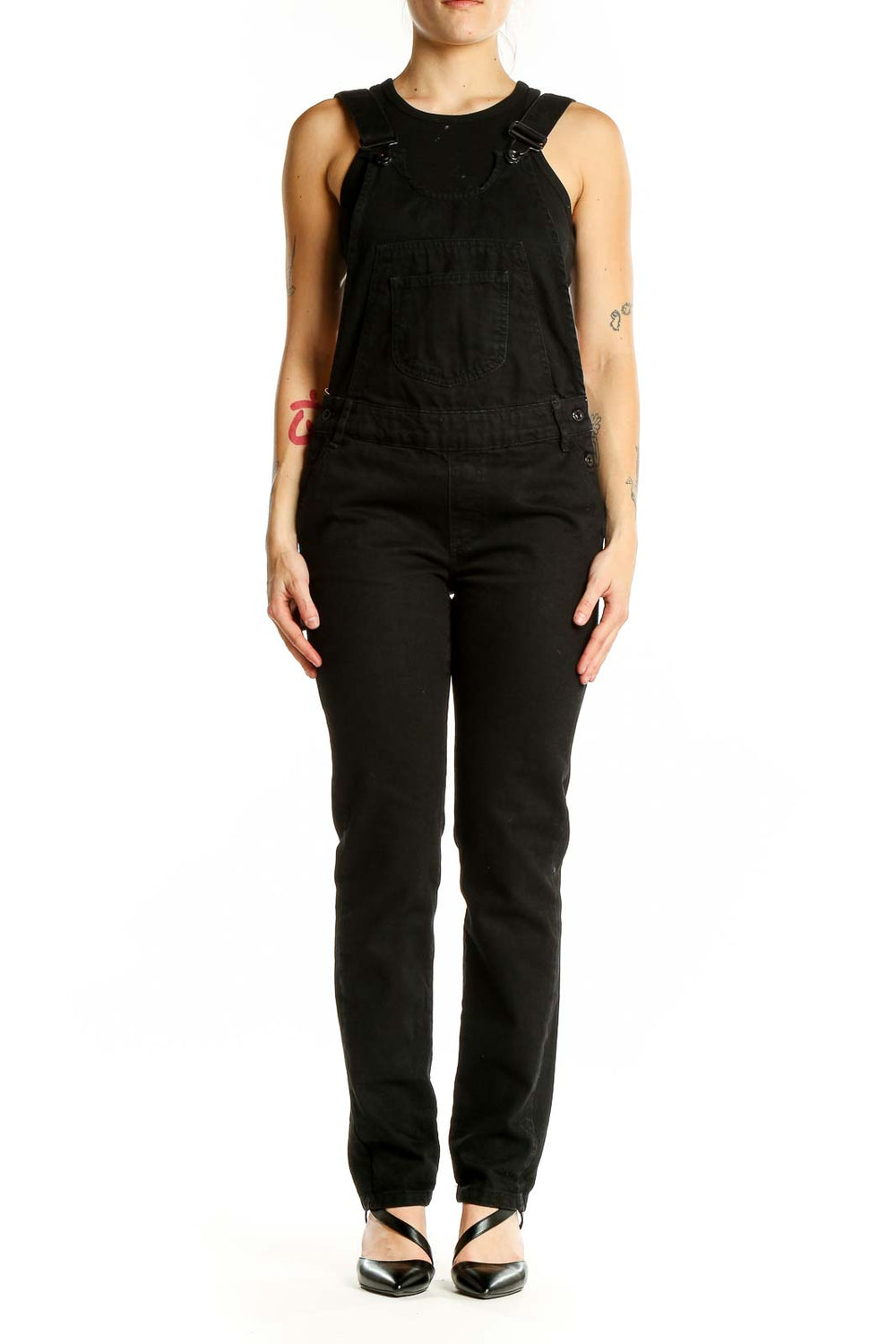 Front view of black cotton sleeveless jumpsuit from Zara Basic