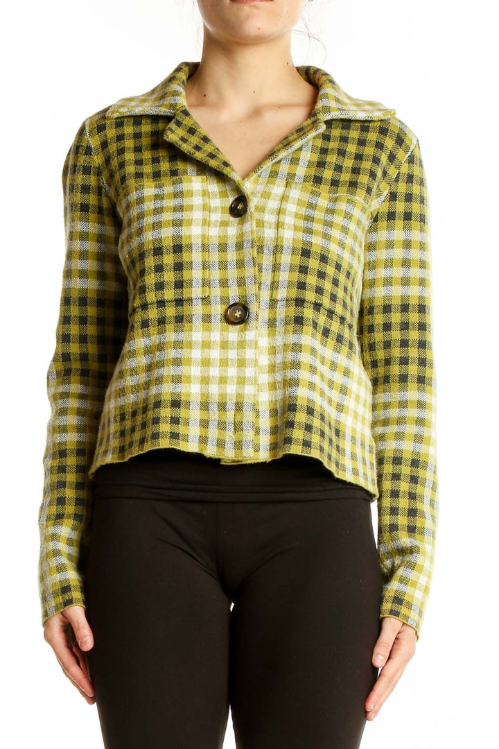 Front view of RACHEL Rachel Roy yellow plaid cropped jacket with button closure