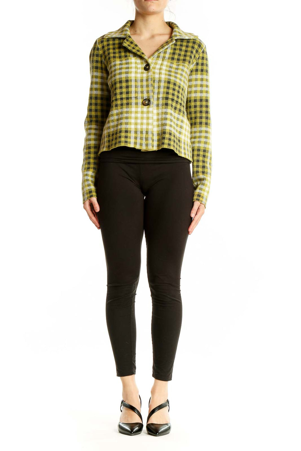 Front view of RACHEL Rachel Roy yellow plaid cropped jacket with button closure