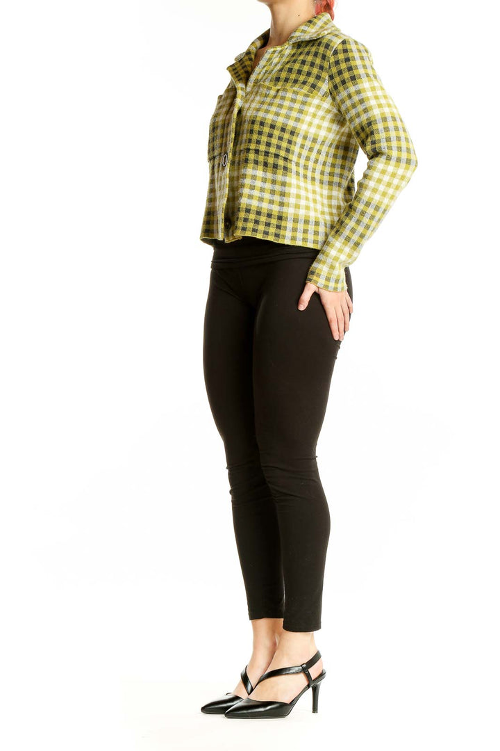 Front view of RACHEL Rachel Roy yellow plaid cropped jacket with button closure