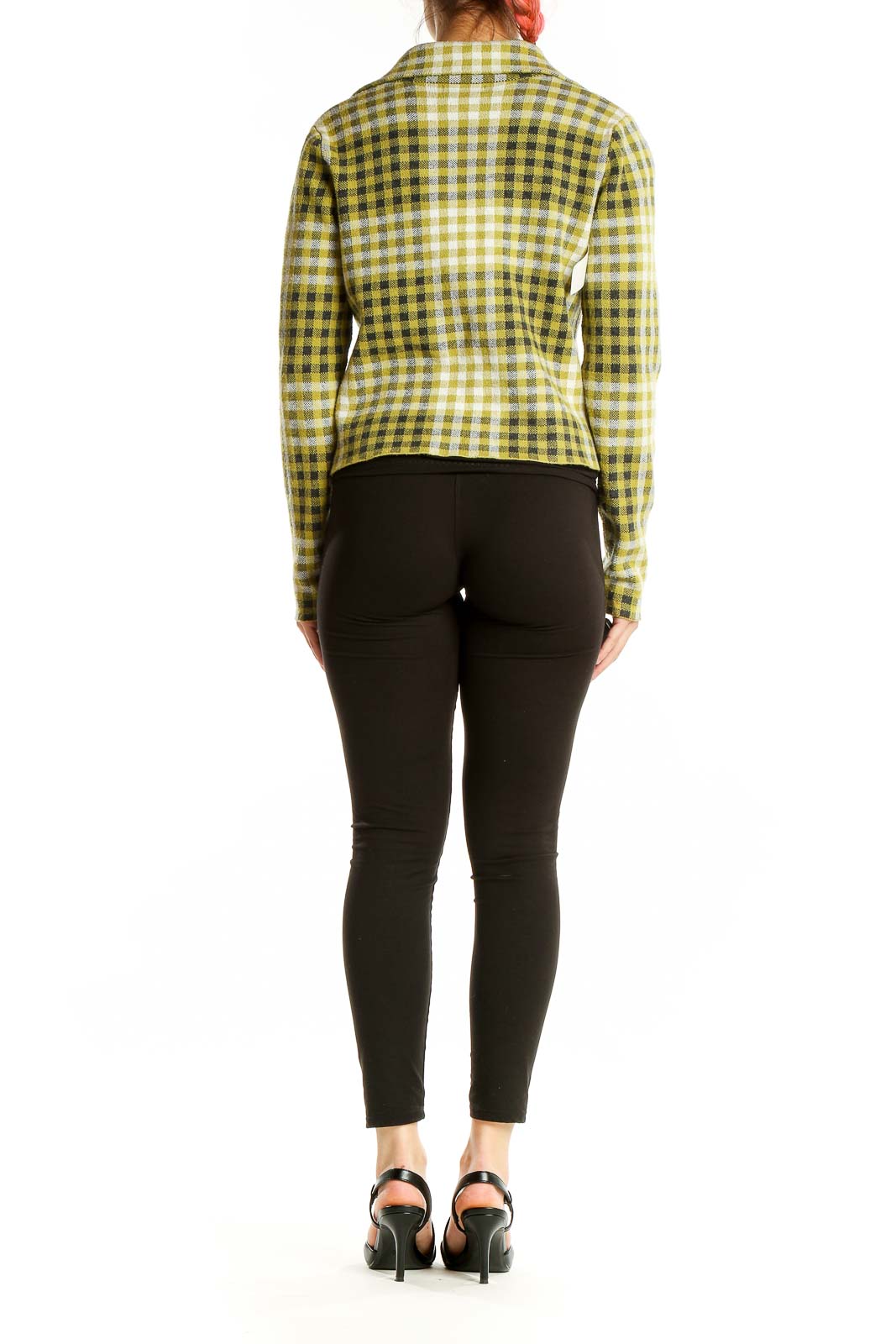 Back view of RACHEL Rachel Roy yellow plaid cropped jacket showing full pattern