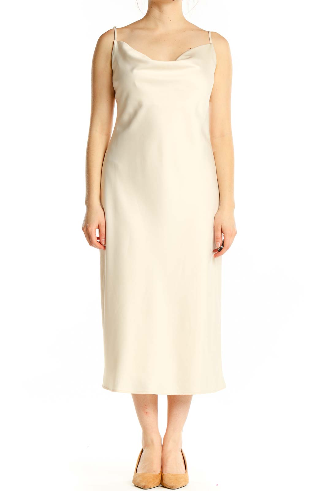 Front view of Birdy Grey cream satin slip midi dress with cowl neckline