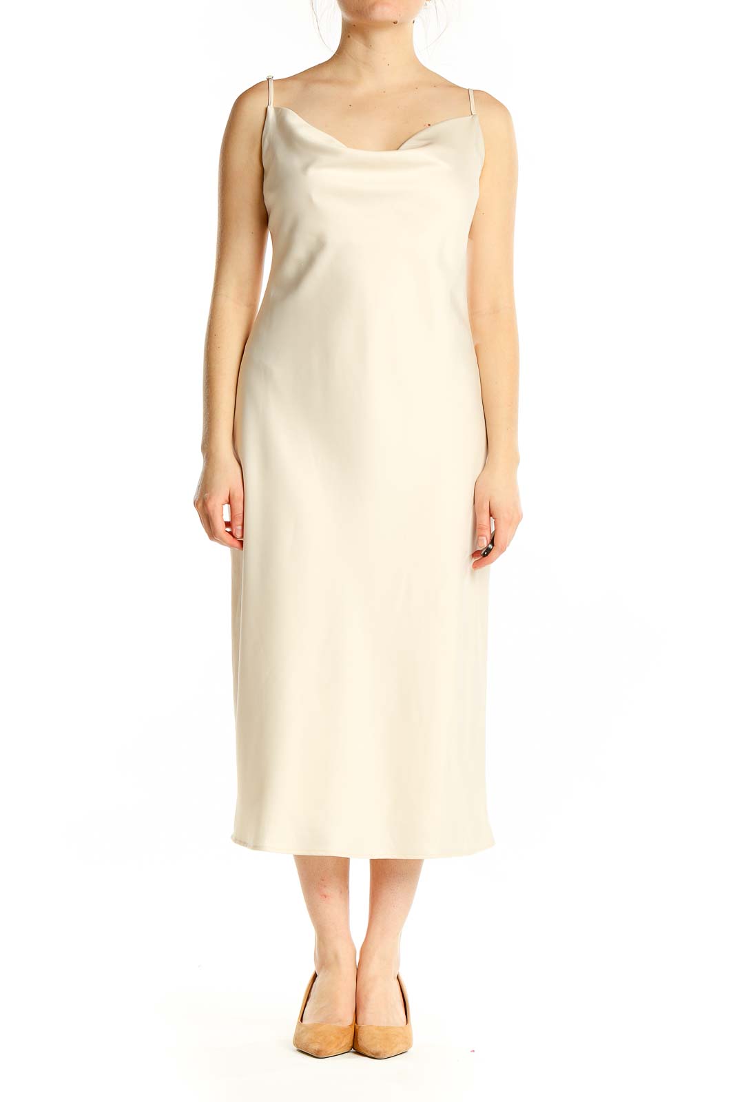 Front view of Birdy Grey cream satin slip midi dress with cowl neckline