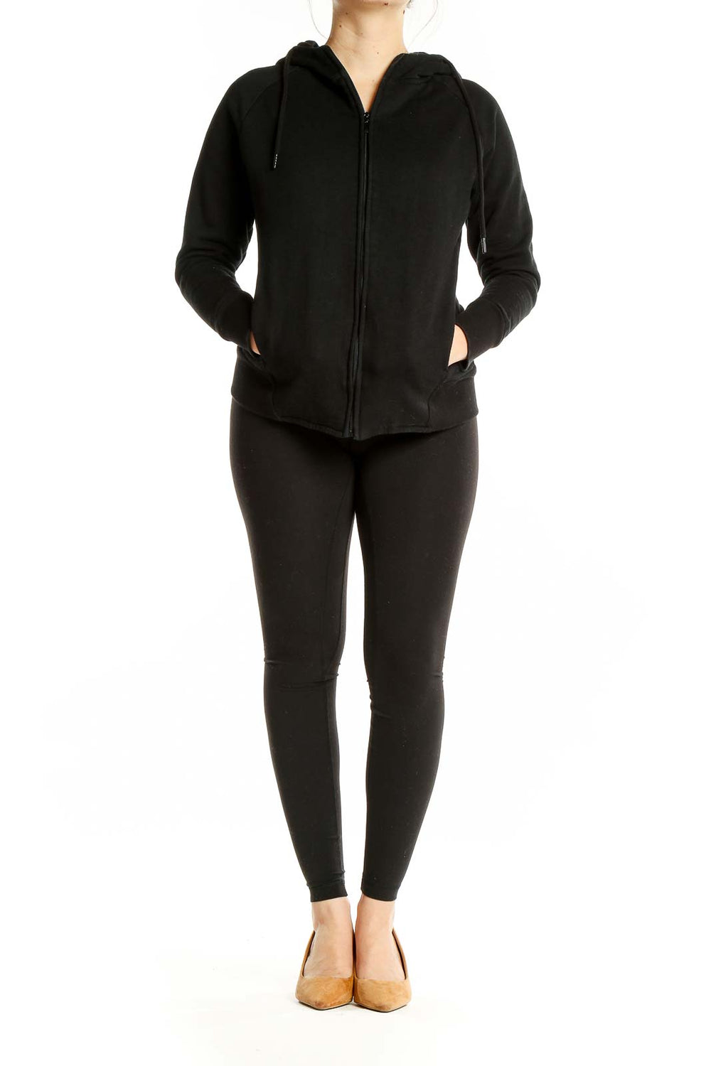 Front view of black Tavi Noir zip-up hoodie with hood and pockets