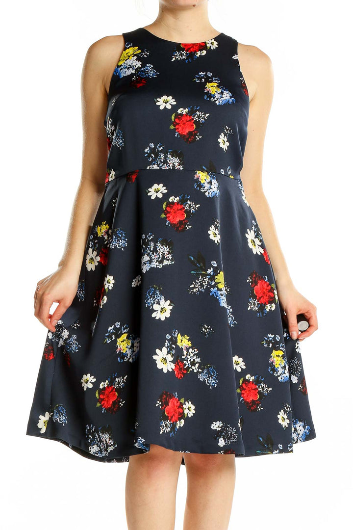 Front view of Banana Republic navy floral sleeveless A-line dress