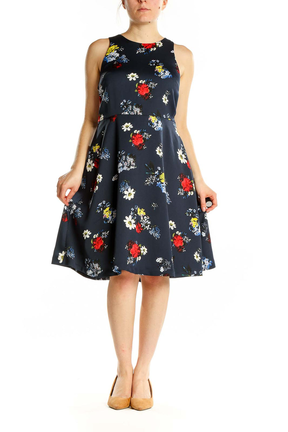 Front view of Banana Republic navy floral sleeveless A-line dress