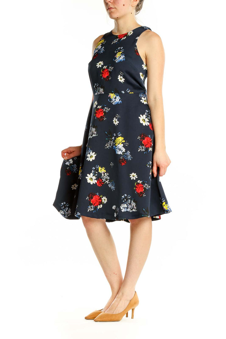 Front view of Banana Republic navy floral sleeveless A-line dress