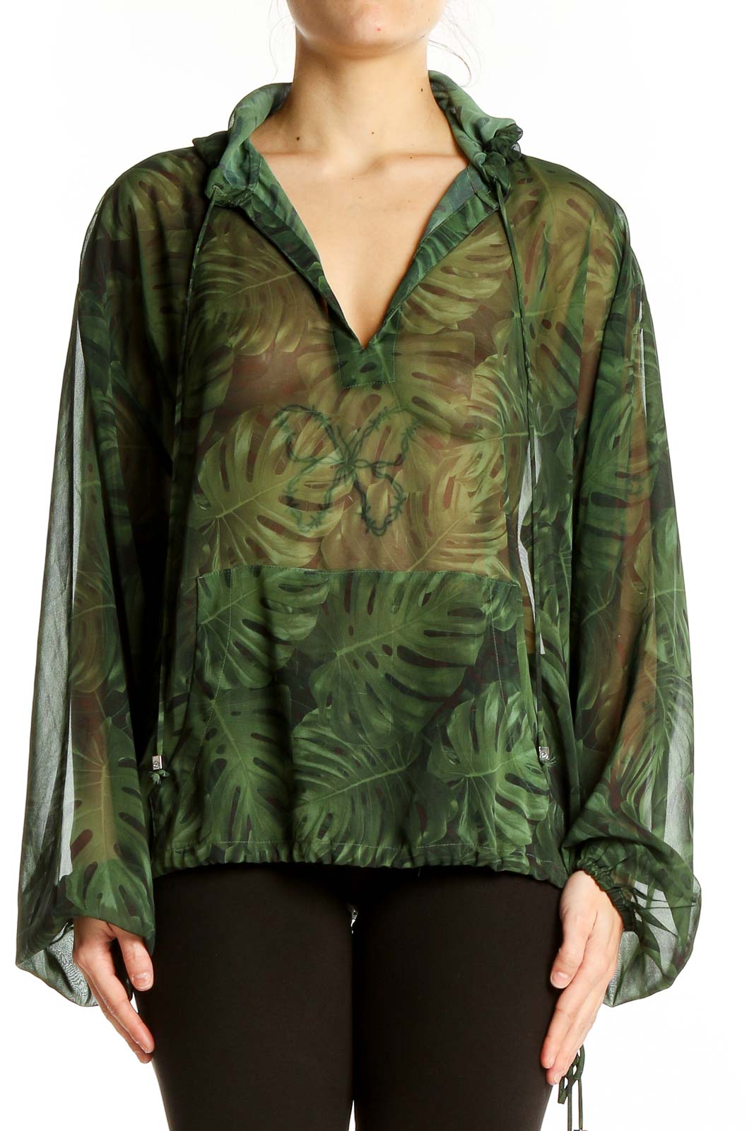 Front view of Michael Kors green tropical print sheer hoodie with v-neck