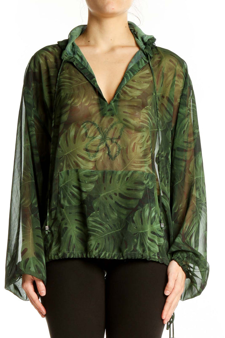 Front view of Michael Kors green tropical print sheer hoodie with v-neck